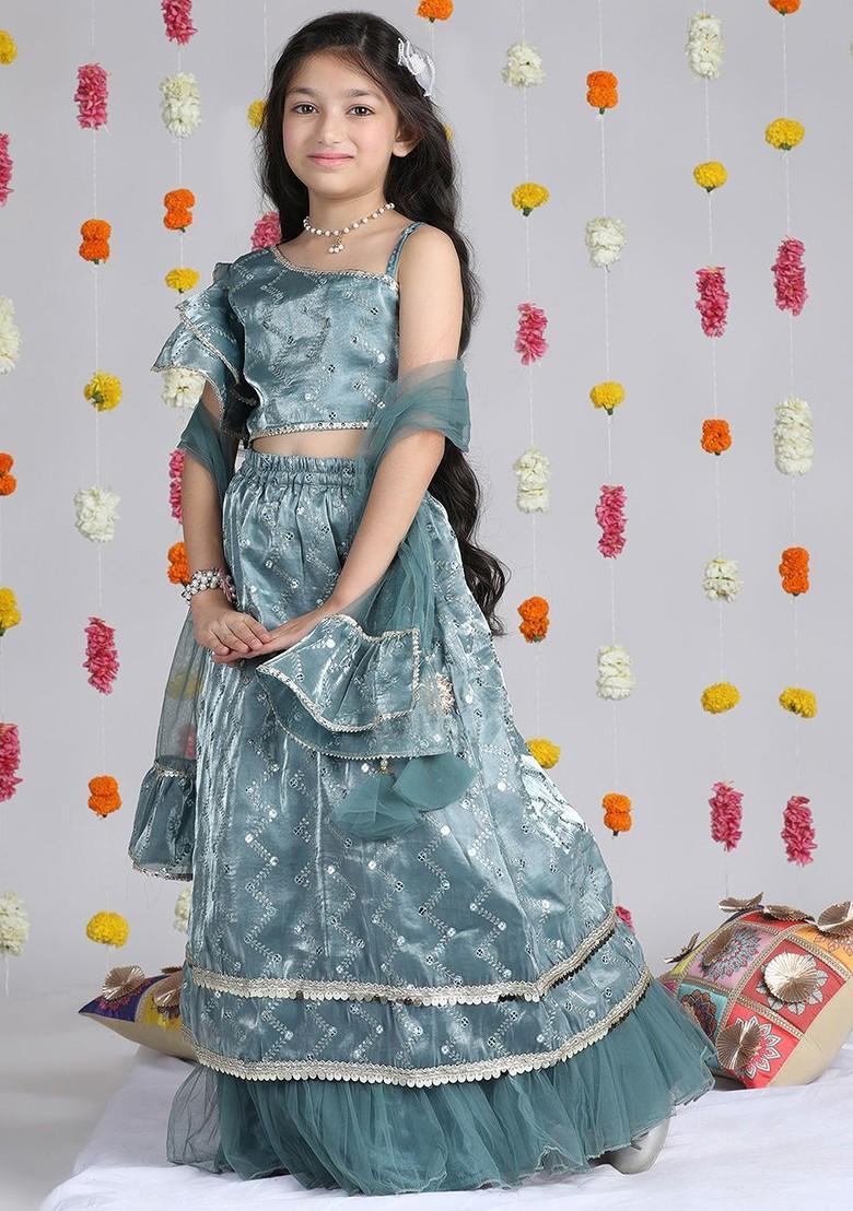 Sea Green Embroidered Blended Lehenga Choli For Girls - Indya