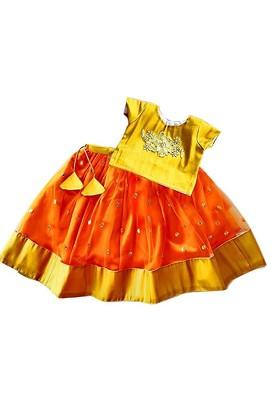 Orange Embroidered Blended Lehenga Choli For Girls