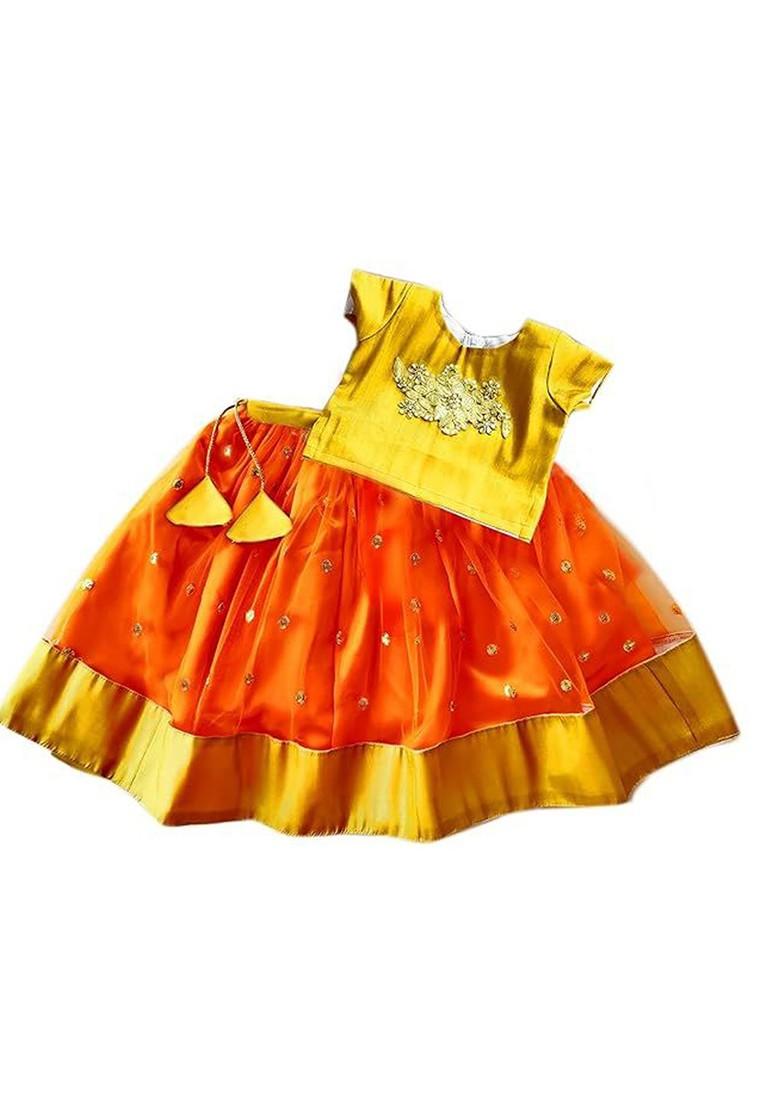 Orange Embroidered Blended Lehenga Choli For Girls - Indya
