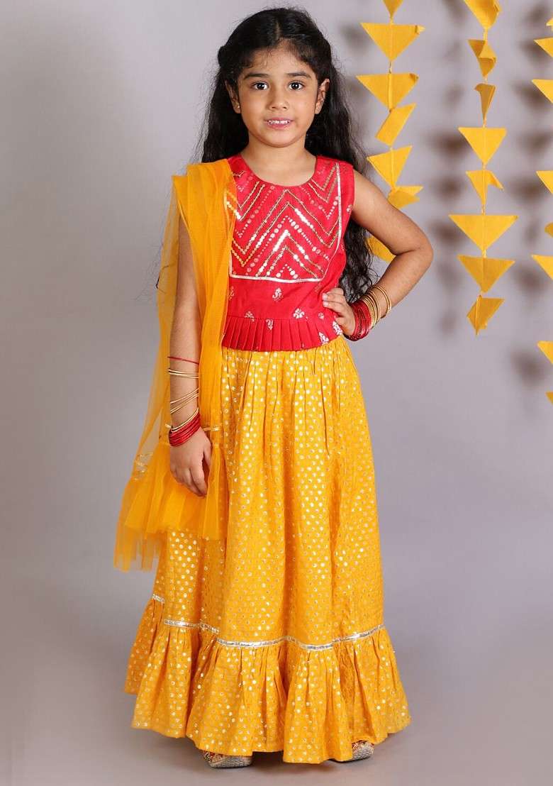 Red Embellished Blended Lehenga Choli For Girls - Indya