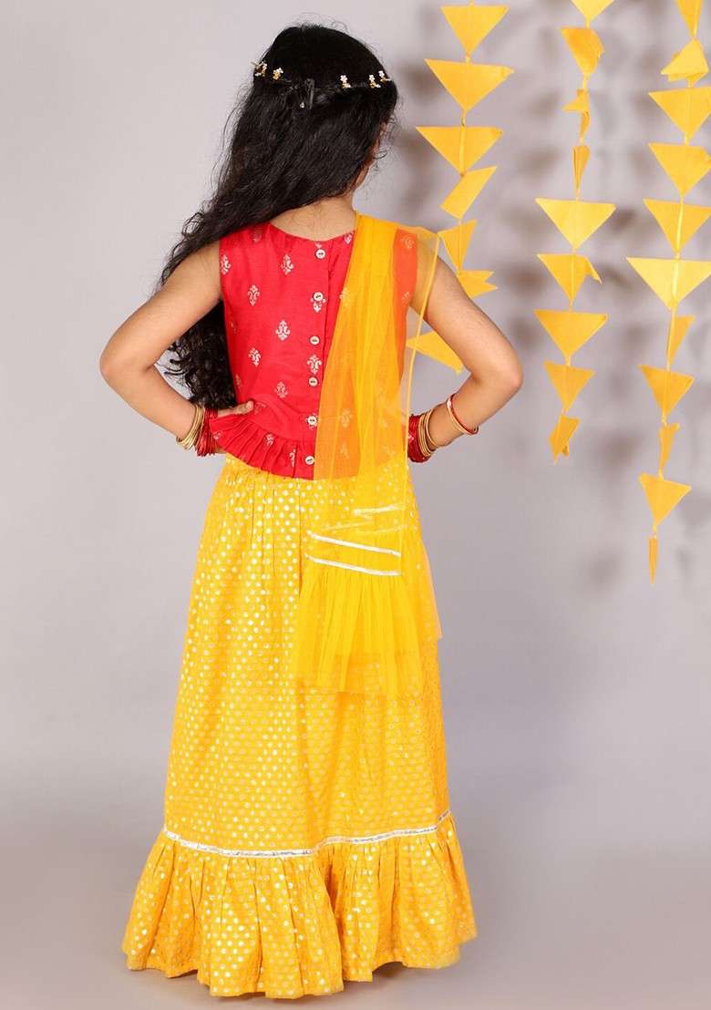 Red Embellished Blended Lehenga Choli For Girls - Indya