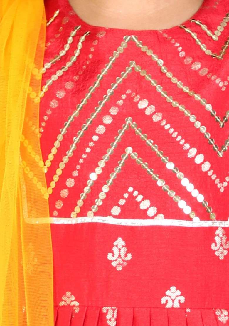Red Embellished Blended Lehenga Choli For Girls - Indya