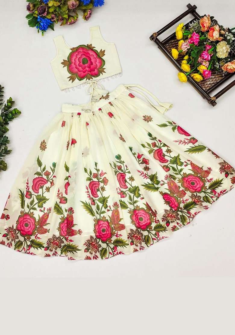 Pink Embroidered Georgette Lehenga Choli For Girls - Indya