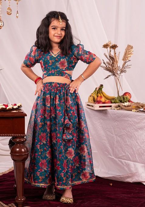Green Printed Blended Lehenga Choli For Girls — view on Indya
