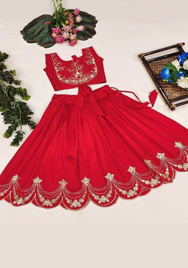 Red Embroidered Silk Lehenga Choli For Girls - Indya