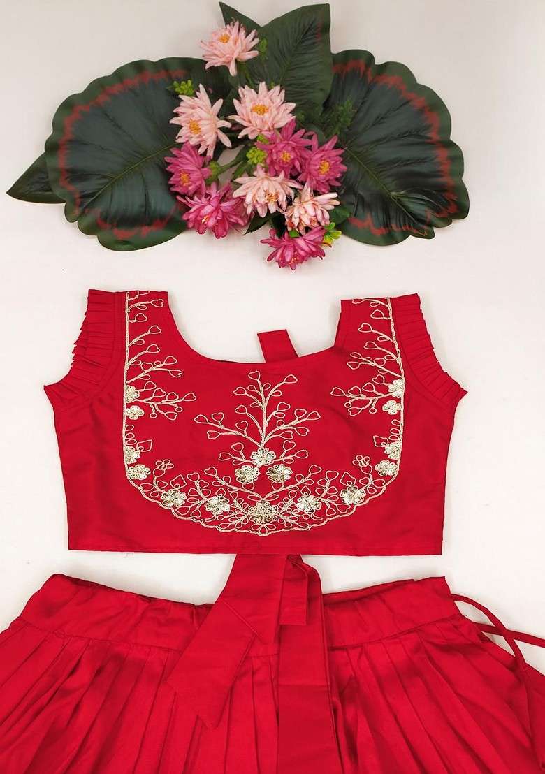 Red Embroidered Silk Lehenga Choli For Girls - Indya