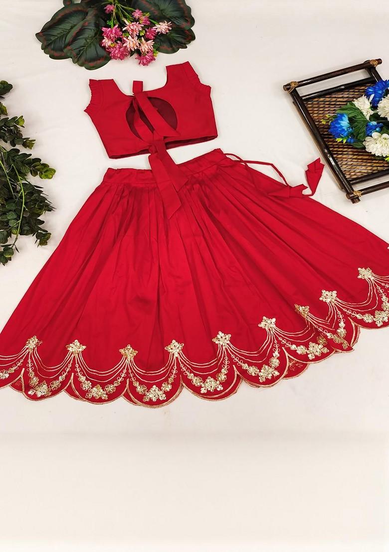Red Embroidered Silk Lehenga Choli For Girls - Indya