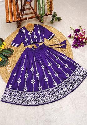 Lavender Embroidered Blended Lehenga Choli For Girls
