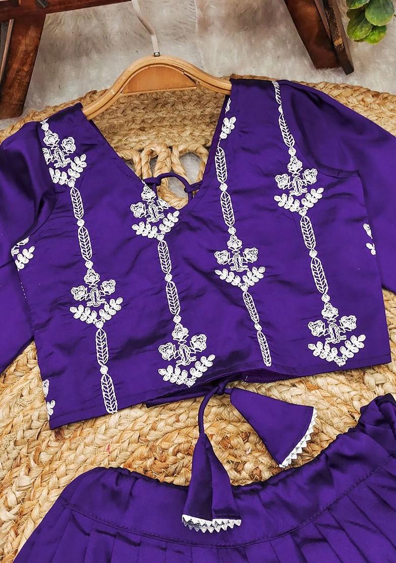 Lavender Embroidered Blended Lehenga Choli For Girls - Indya