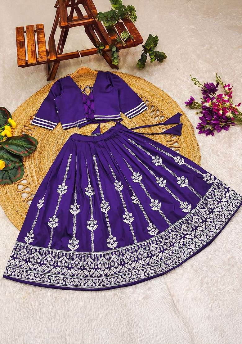 Lavender Embroidered Blended Lehenga Choli For Girls - Indya