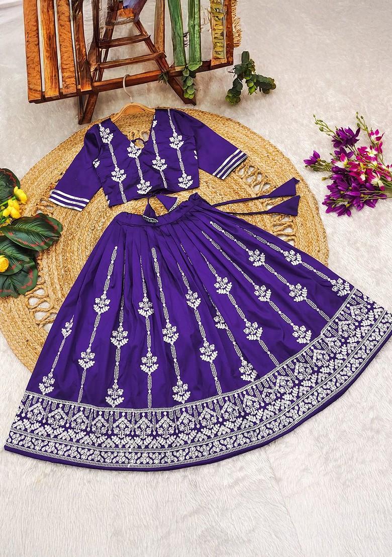 Lavender Embroidered Blended Lehenga Choli For Girls - Indya