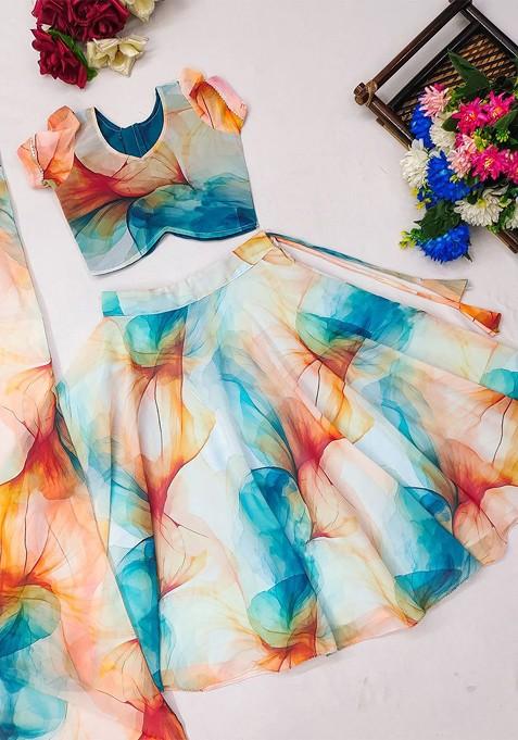 White Printed Blended Lehenga Choli For Girls