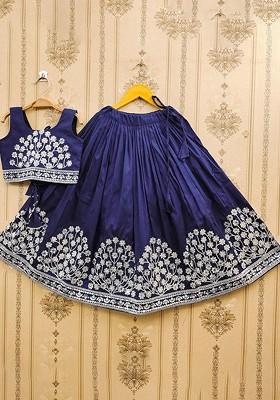 Navy Blue Embroidered Blended Lehenga Choli For Girls