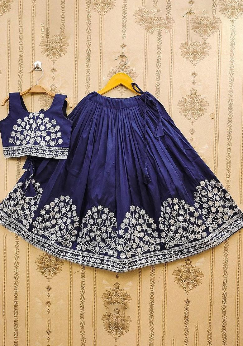 Navy Blue Embroidered Blended Lehenga Choli For Girls - Indya