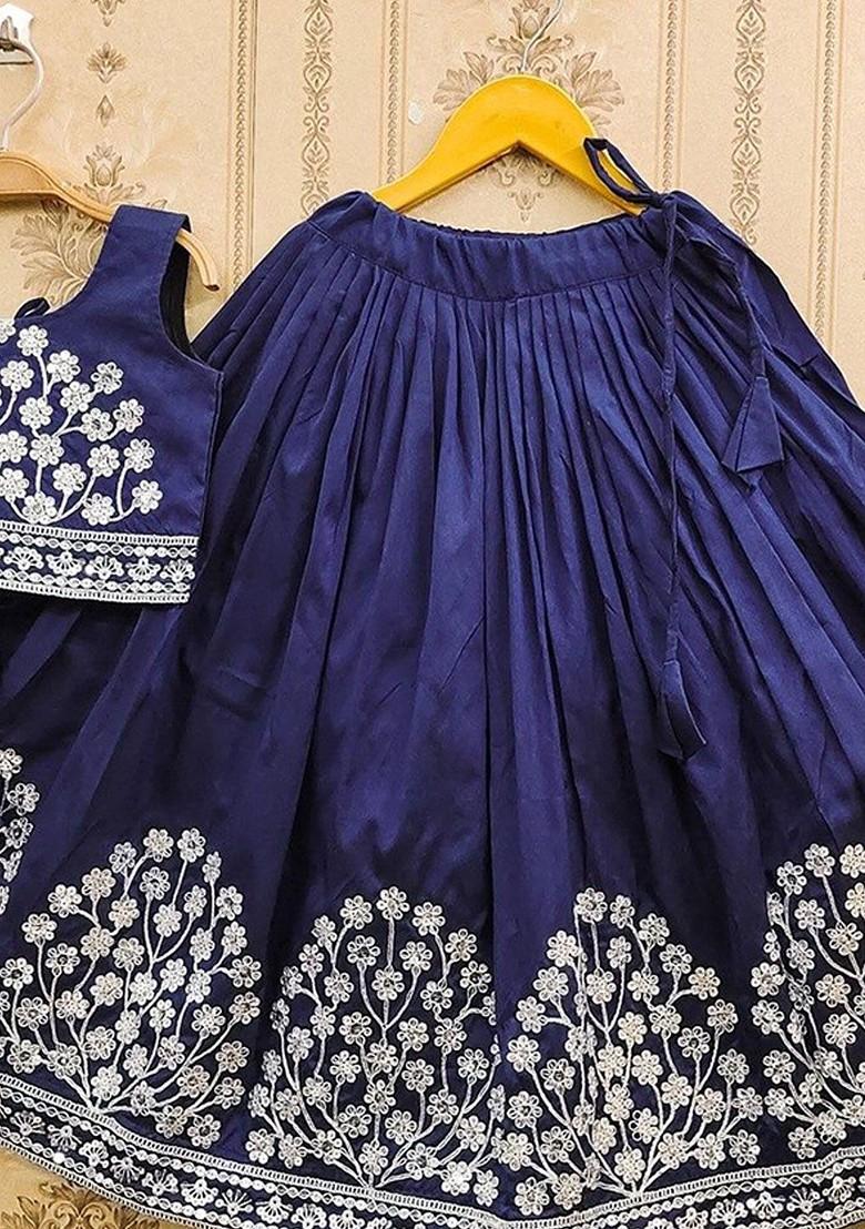 Navy Blue Embroidered Blended Lehenga Choli For Girls - Indya