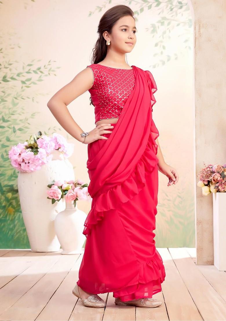 Pink Embroidered Georgette Lehenga Choli For Girls - Indya