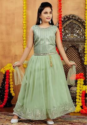 Green Embroidered Net Lehenga Choli For Girls