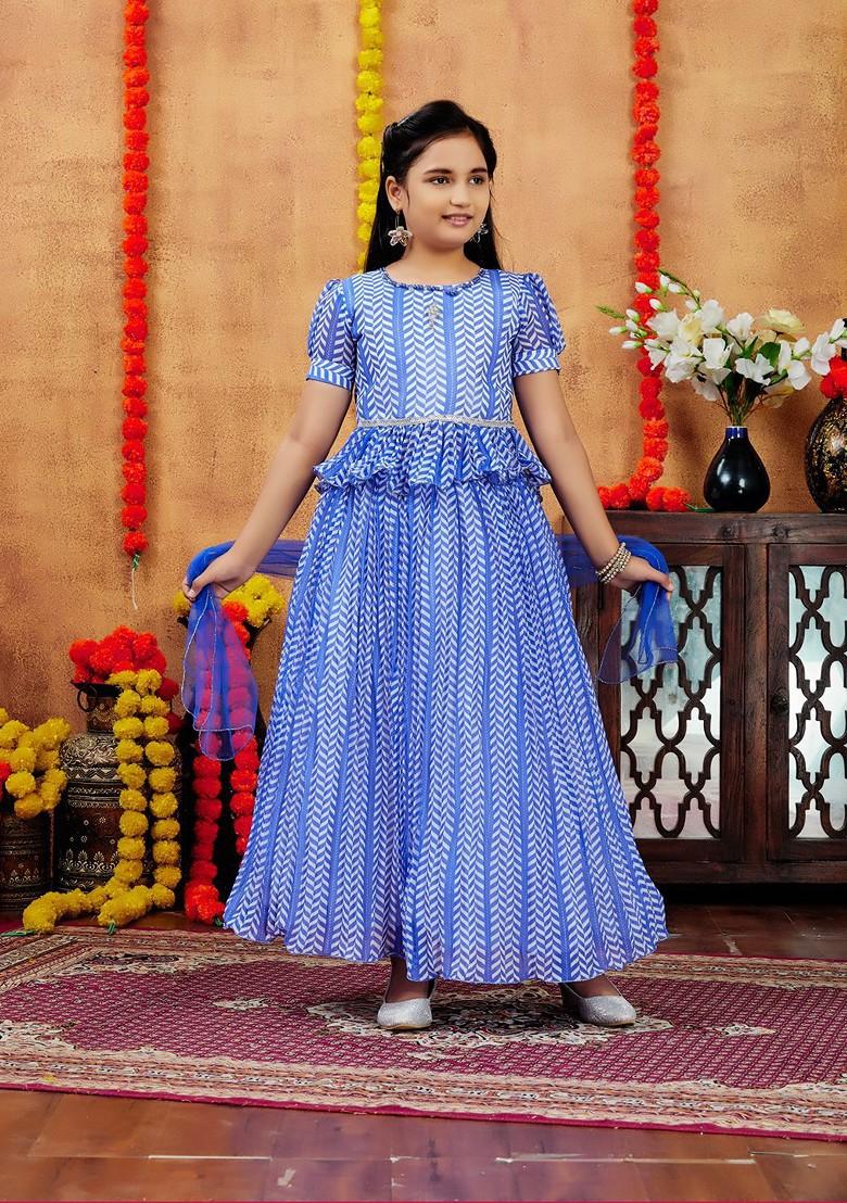 Blue Printed Georgette Lehenga Choli For Girls - Indya