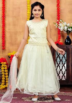 Lime Green Embroidered Blended Lehenga Choli For Girls