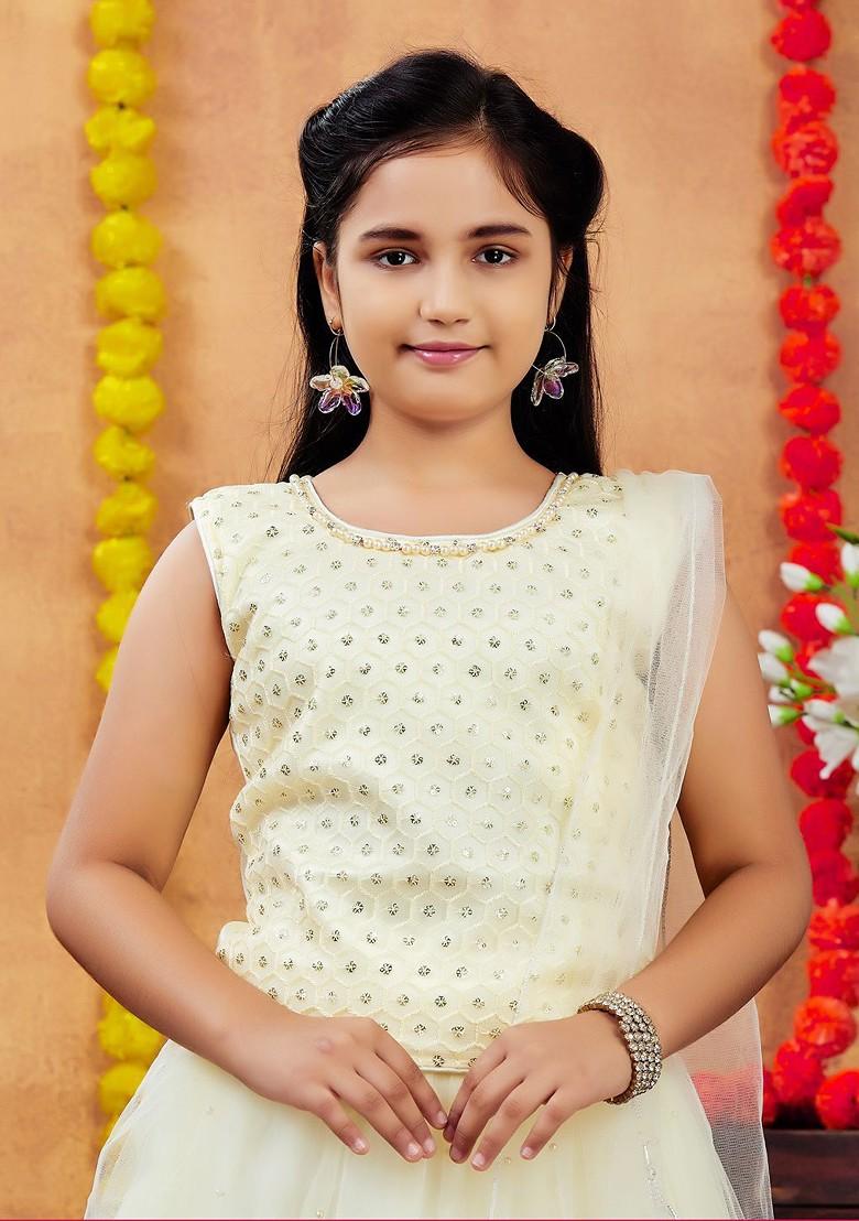 Lime Green Embroidered Blended Lehenga Choli For Girls - Indya