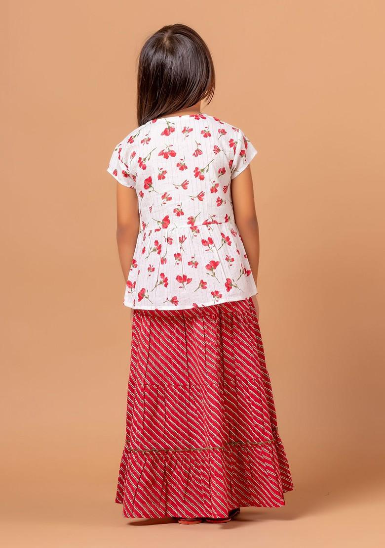 Red Printed Blended Lehenga Choli For Girls - Indya