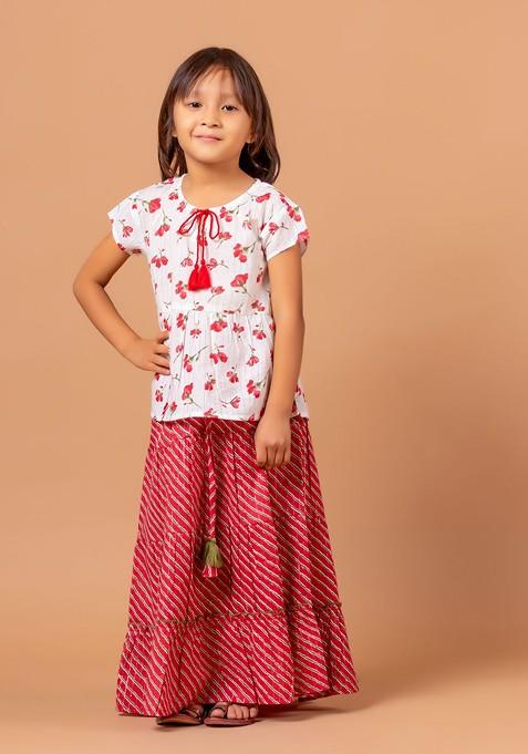 Red Printed Blended Lehenga Choli For Girls — view on Indya