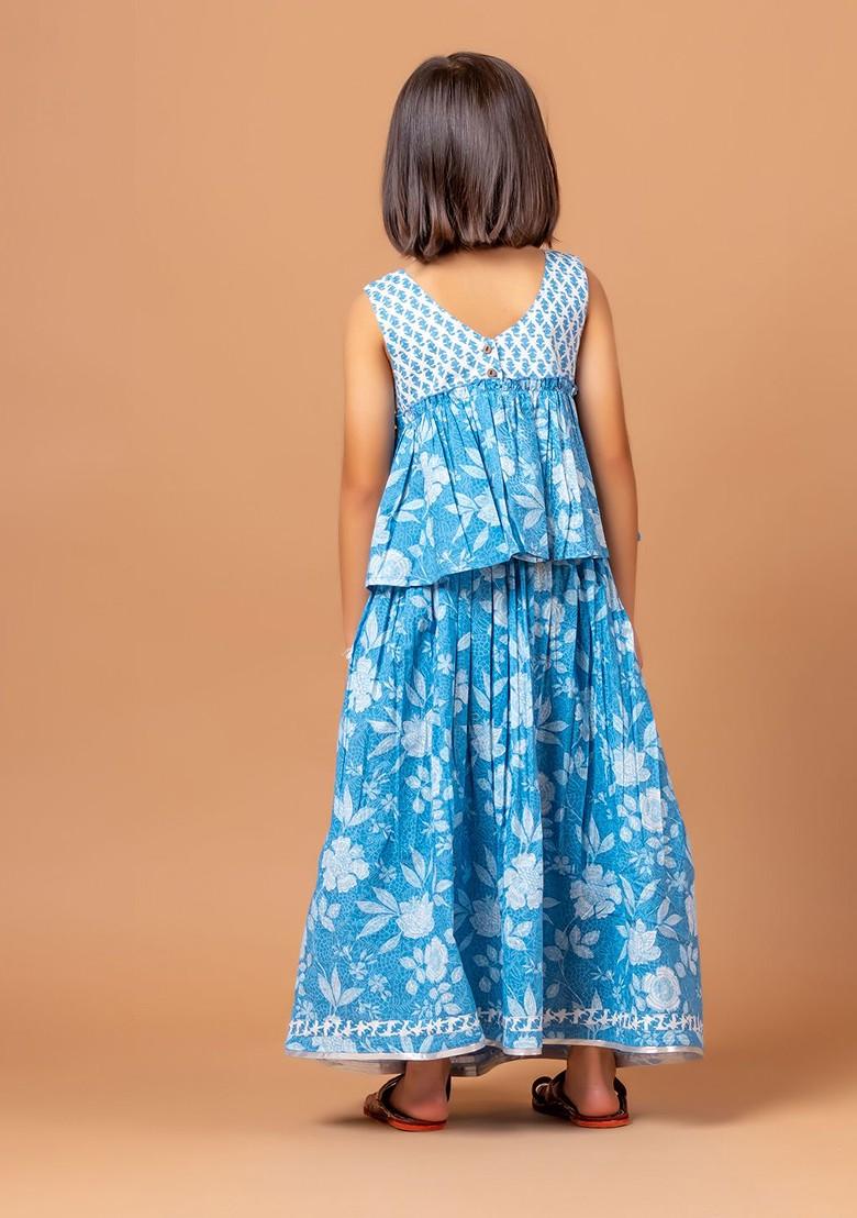 Blue Printed Cotton Blend Lehenga Choli For Girls - Indya