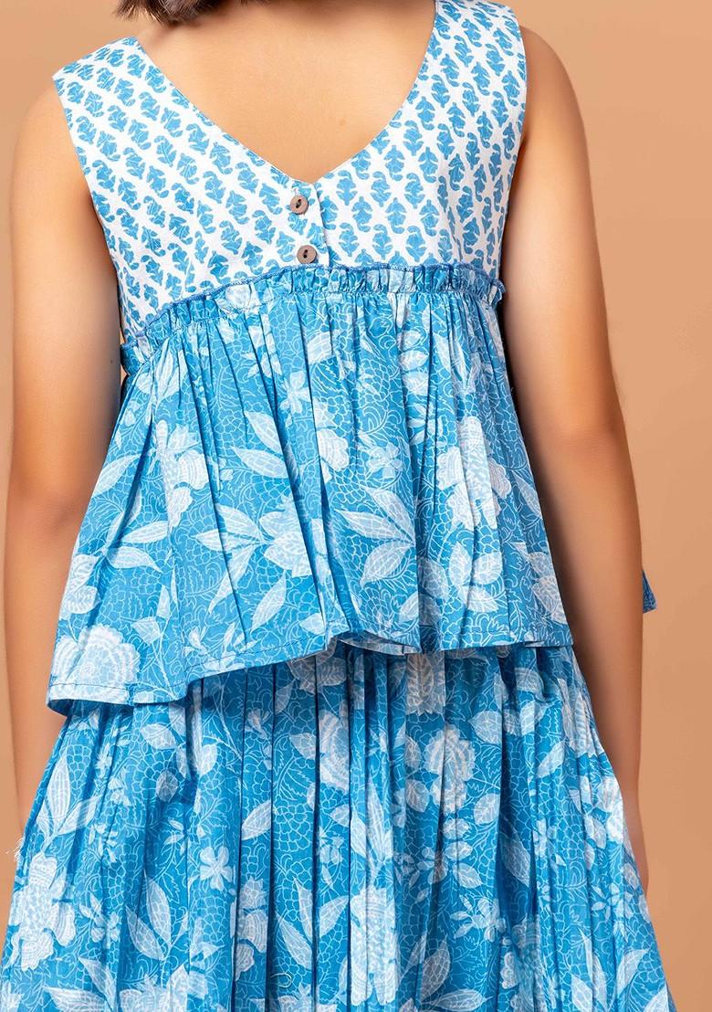 Blue Printed Cotton Blend Lehenga Choli For Girls - Indya
