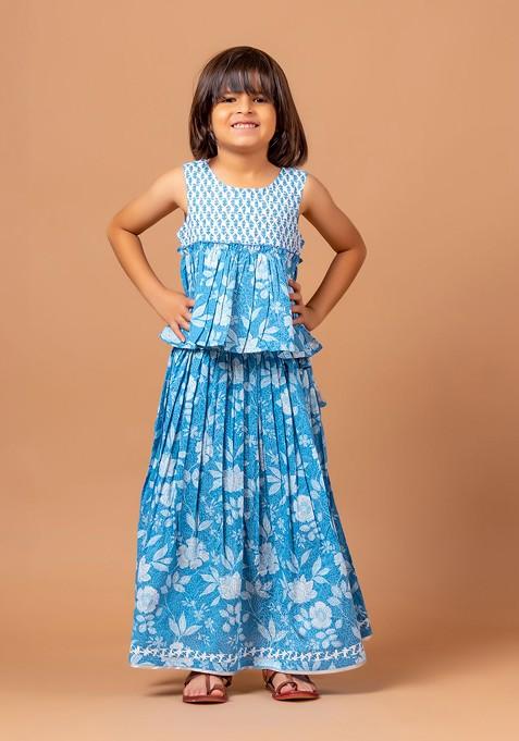Blue Printed Cotton Blend Lehenga Choli For Girls — view on Indya