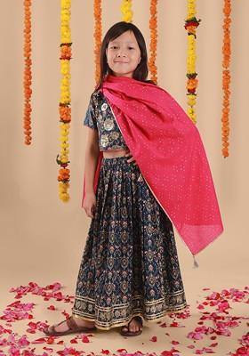 Navy Blue Printed Blended Lehenga Choli For Girls