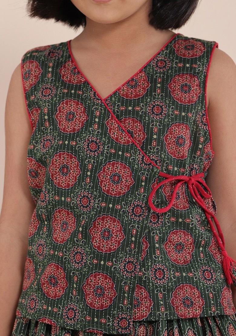 Green Printed Cotton Blend Lehenga Choli For Girls - Indya