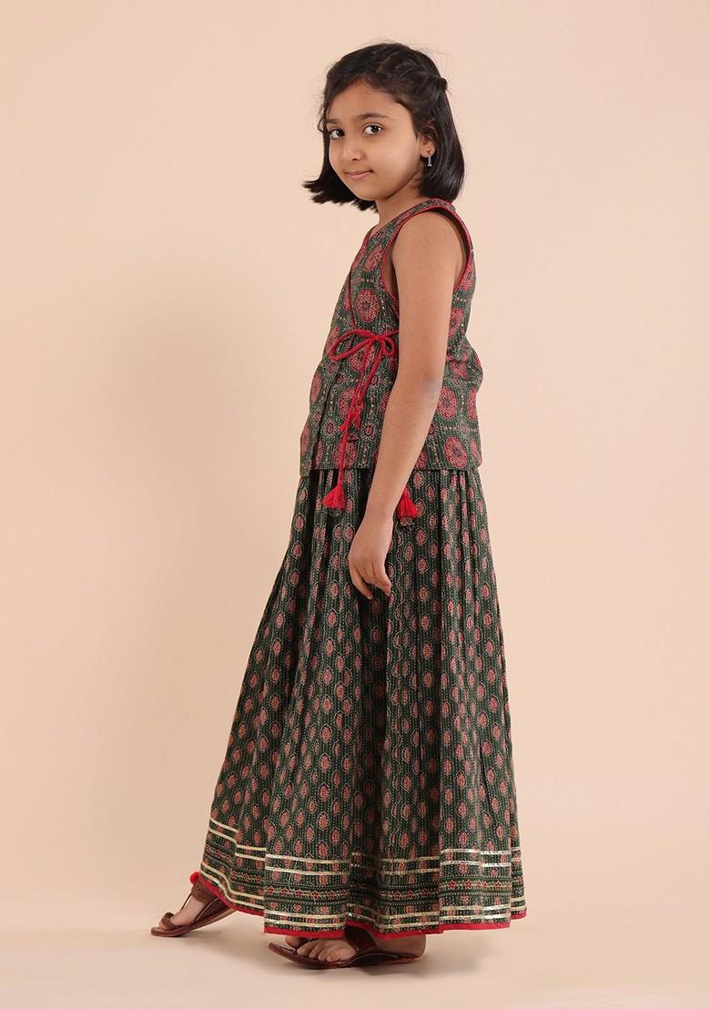 Green Printed Cotton Blend Lehenga Choli For Girls - Indya