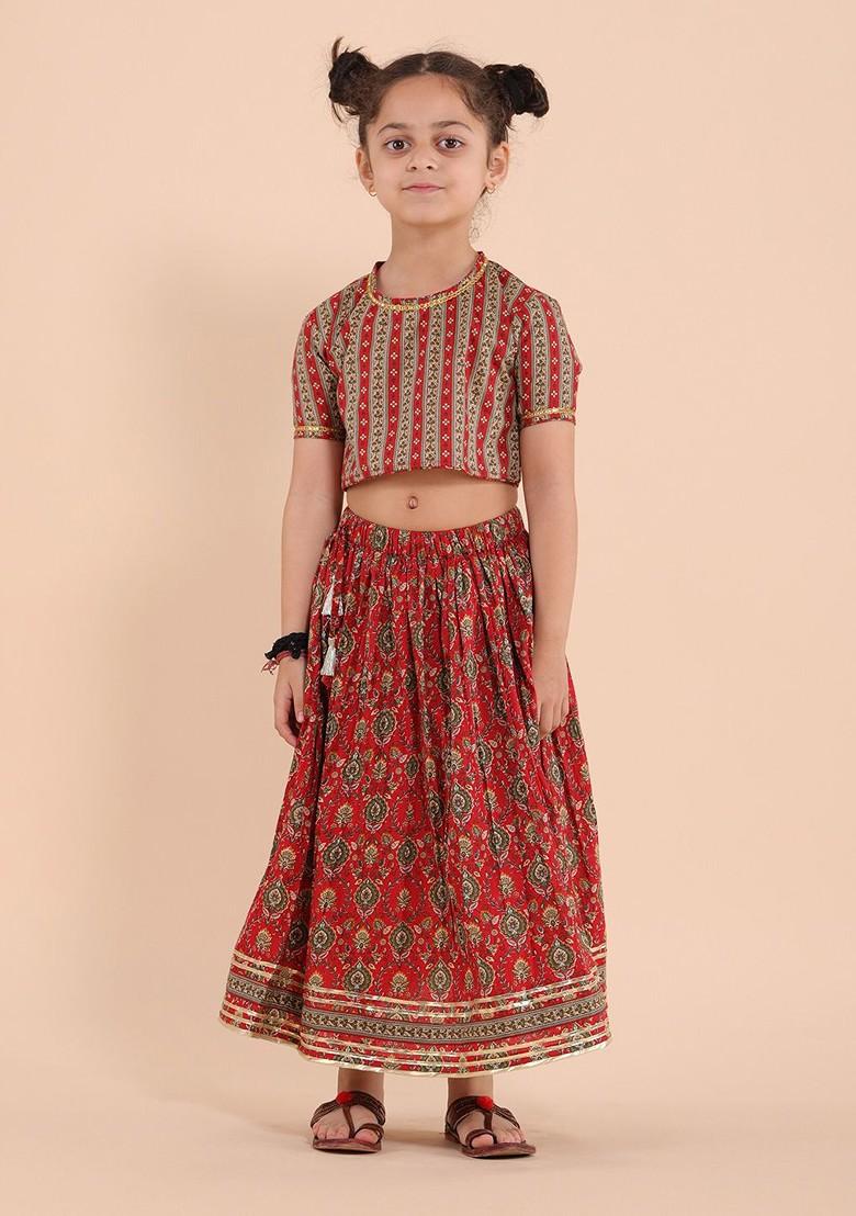 Red Printed Cotton Blend Lehenga Choli For Girls - Indya