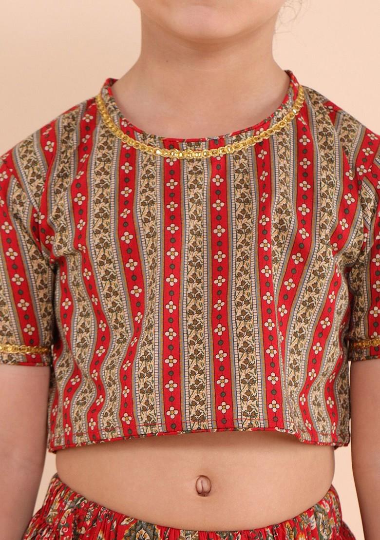Red Printed Cotton Blend Lehenga Choli For Girls - Indya