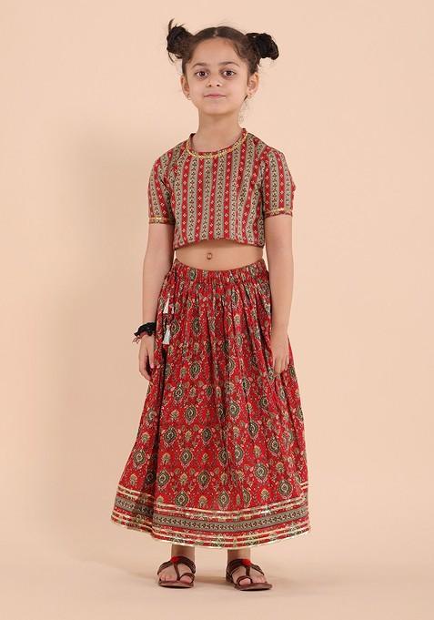 Red Printed Cotton Blend Lehenga Choli For Girls — view on Indya