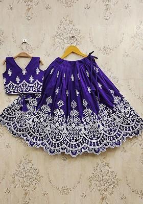 Violet Embroidered Blended Lehenga Choli For Girls