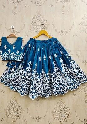 Teal Embroidered Blended Lehenga Choli For Girls