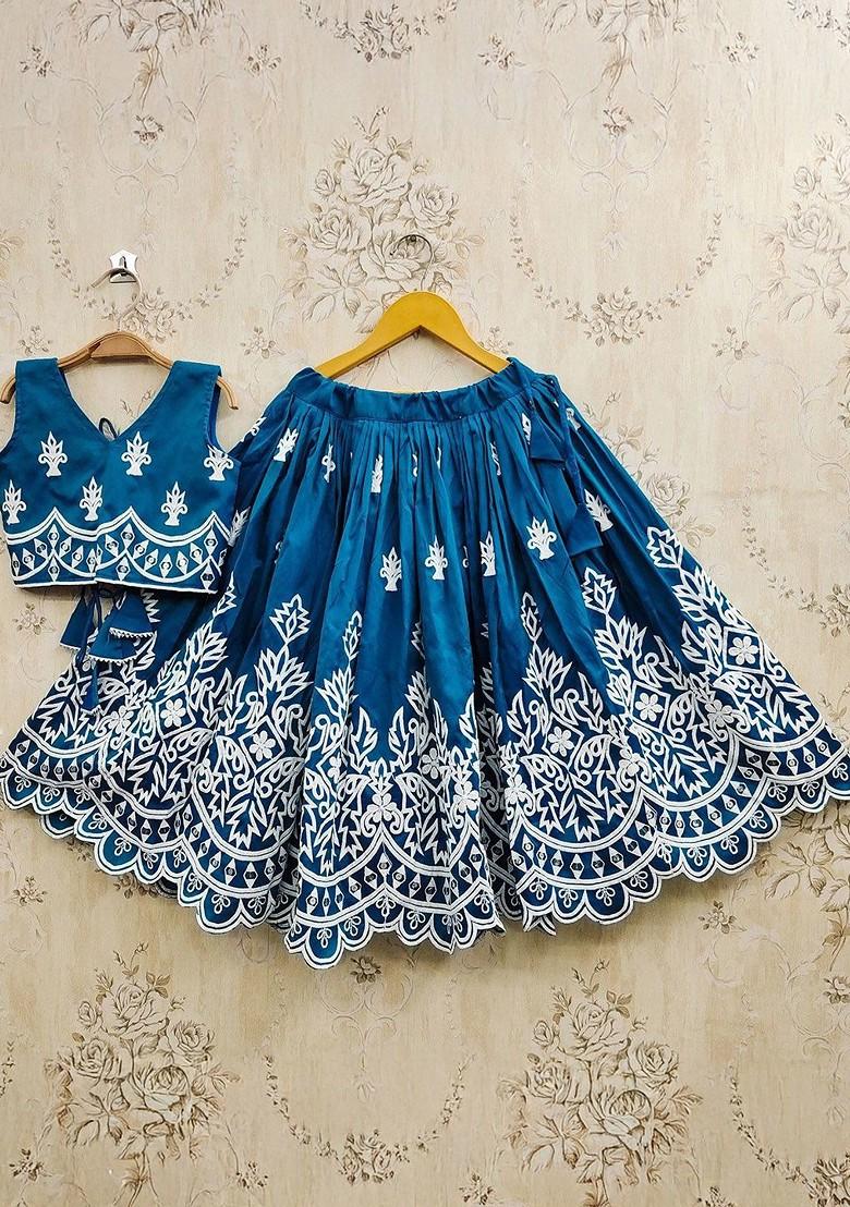 Teal Embroidered Blended Lehenga Choli For Girls - Indya