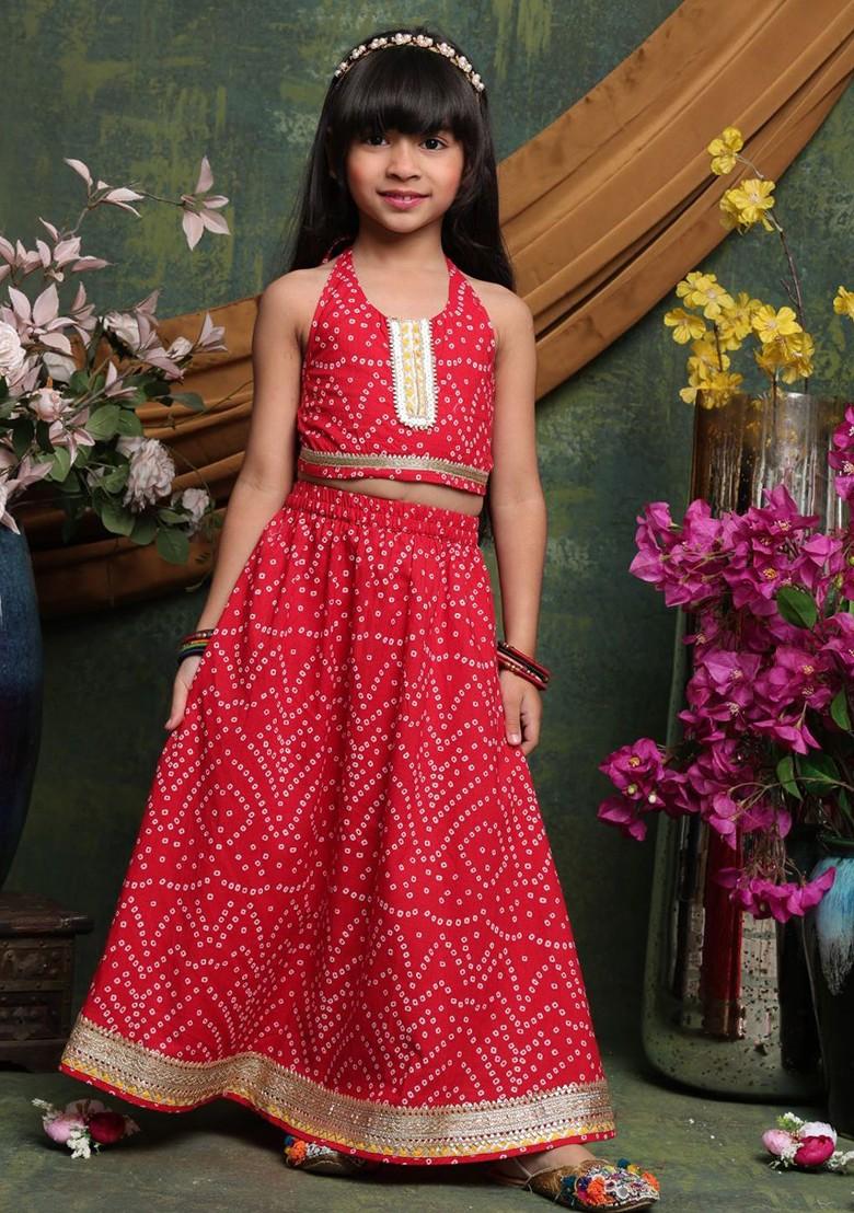 Red Printed Blended Lehenga Choli For Girls - Indya