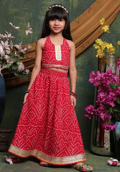 Red Printed Blended Lehenga Choli For Girls — view on Indya