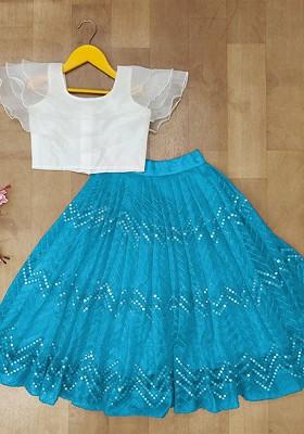 Turquoise Blue Embellished Blended Lehenga Choli For Girls