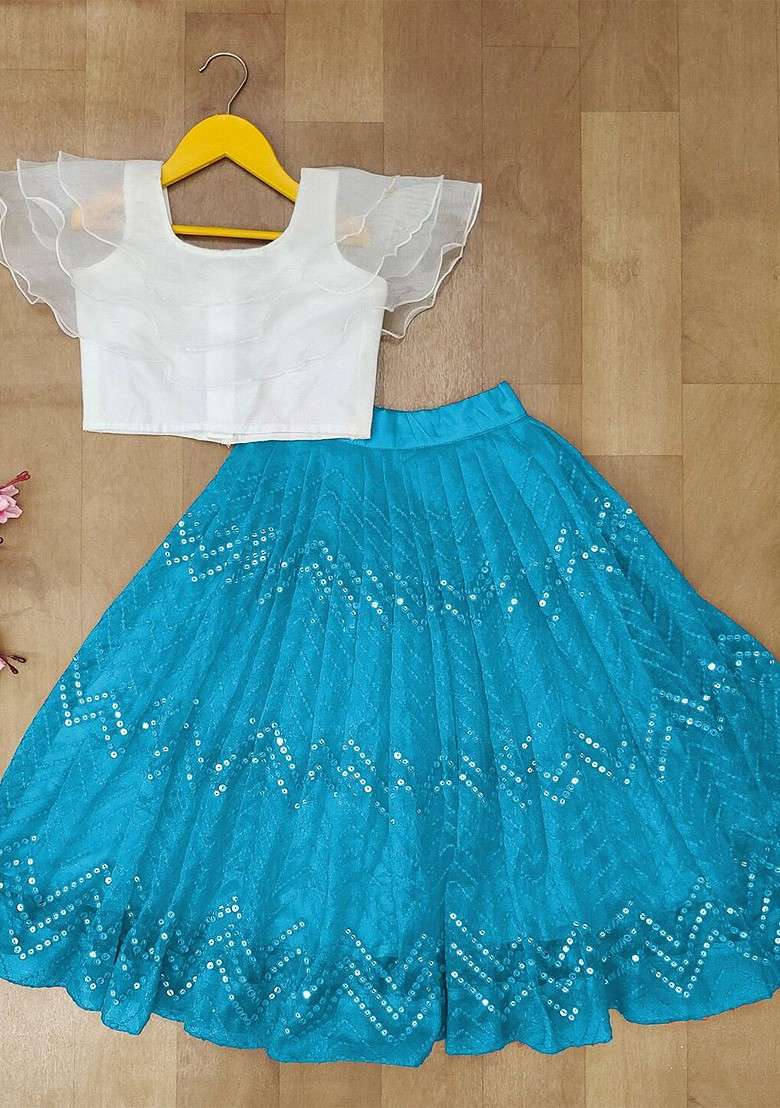 Turquoise Blue Embellished Blended Lehenga Choli For Girls - Indya
