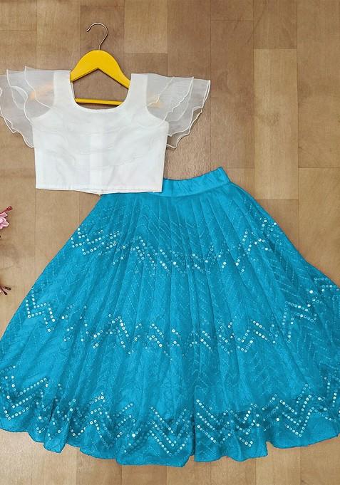 Turquoise Blue Embellished Blended Lehenga Choli For Girls — view on Indya