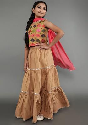 Beige Embroidered Blended Lehenga Choli For Girls
