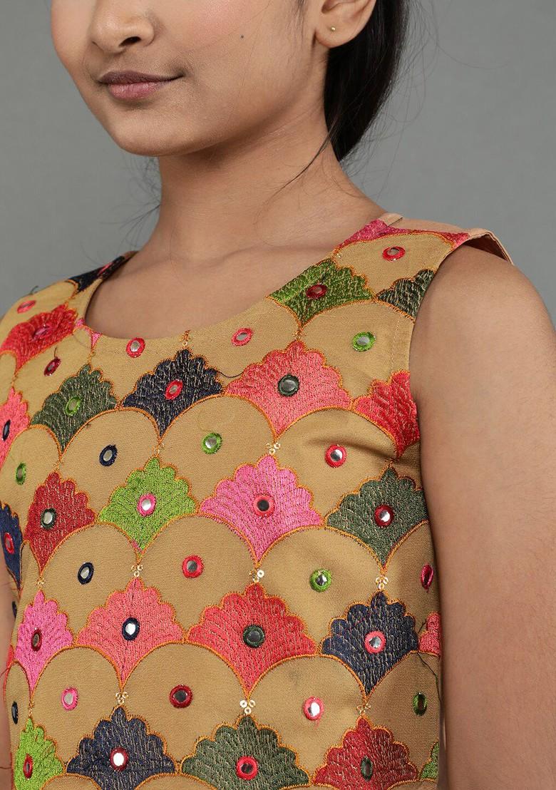 Beige Embroidered Blended Lehenga Choli For Girls - Indya