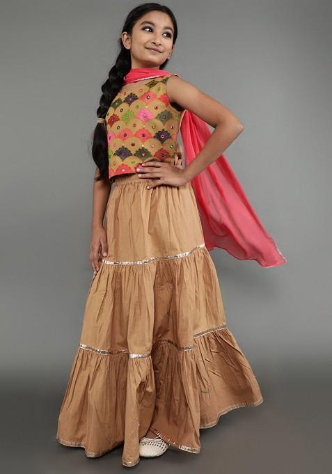 Beige Embroidered Blended Lehenga Choli For Girls