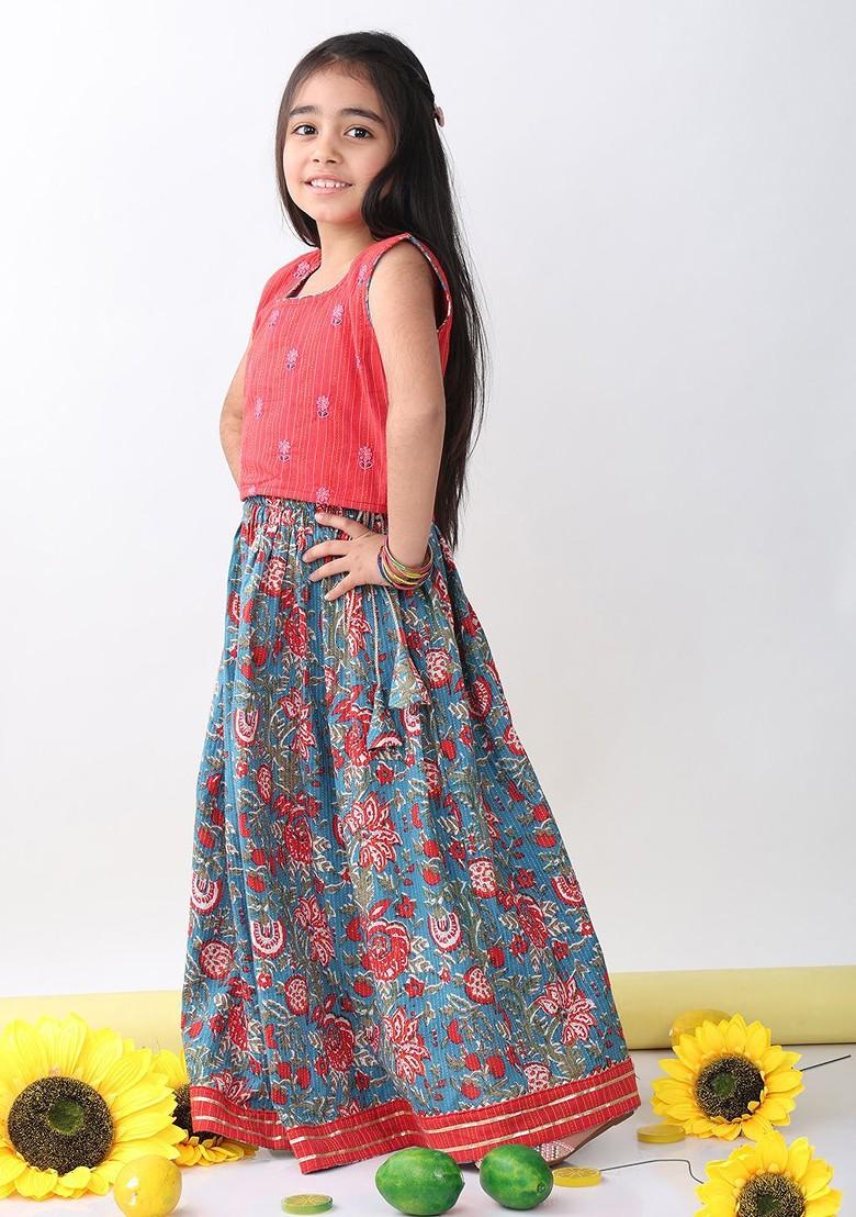 Red Embroidered Cotton Blend Lehenga Choli For Girls - Indya