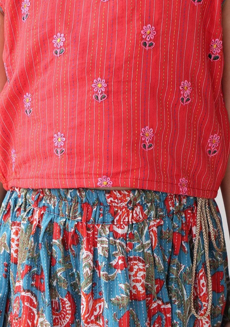Red Embroidered Cotton Blend Lehenga Choli For Girls - Indya