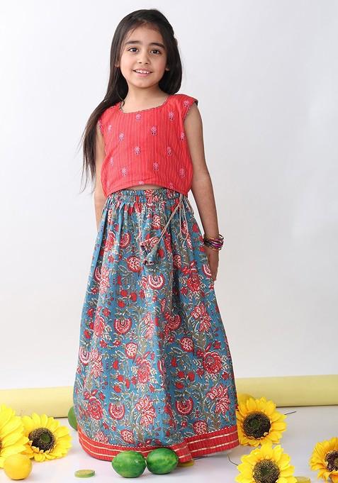Red Embroidered Cotton Blend Lehenga Choli For Girls — view on Indya