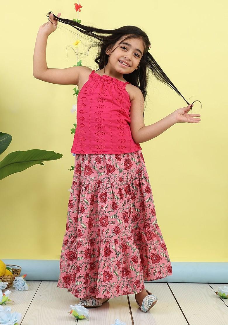 Pink Embroidered Cotton Blend Lehenga Choli For Girls - Indya